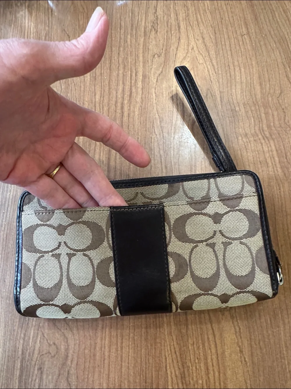Coach Brown Signature Canvas Wristlet with Black Trim